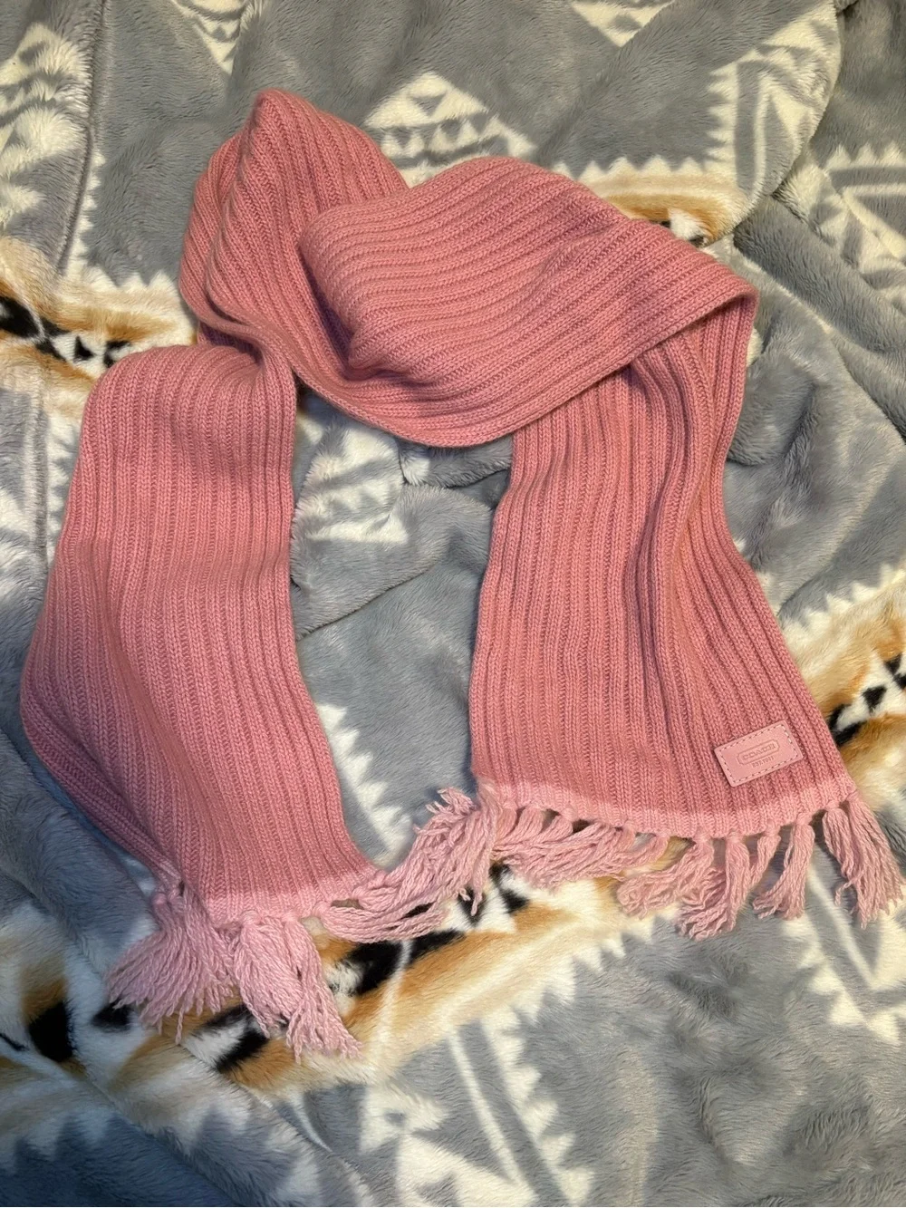 Coach Pink Ribbed Fringe Knit Scarf